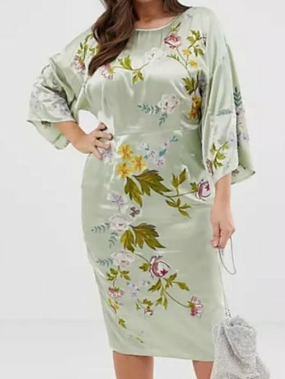 ASOS Curve Embroidered Satin Kimono Midi Pencil Dress In Mint Green Size 20 - Picture 2 of 8